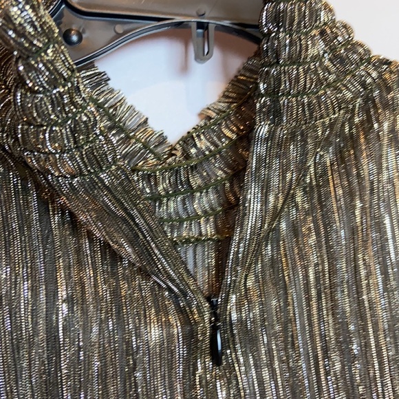 L’Agence Gold Metallic Sheer Top Smocked Neck Blouse - Picture 8 of 9